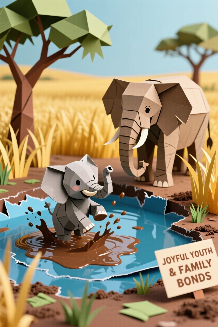 A curious baby elephant splashing in a muddy watering hole while its mother watches nearby, golden savanna grass and acacia trees in the background, capturing joyful youth and family bonds.