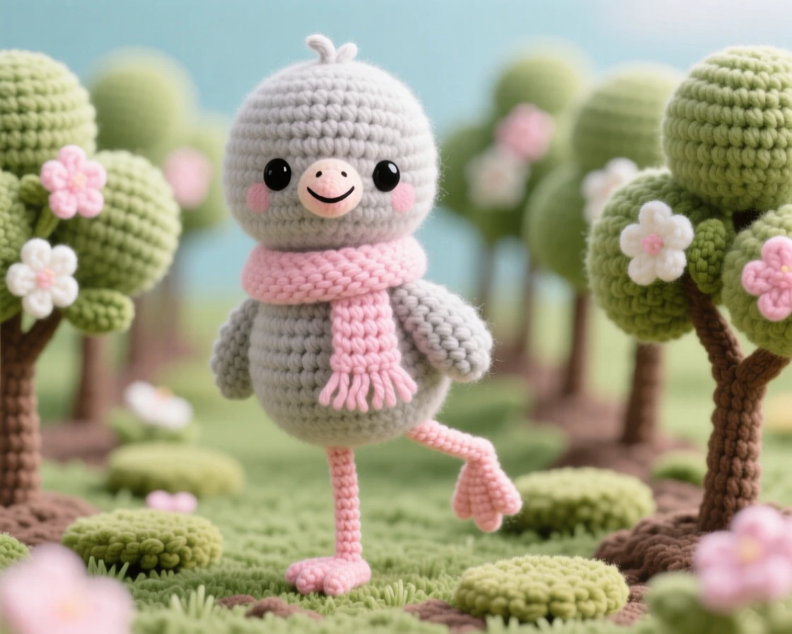 a baby flamingo chick with fuzzy grey down and long gangly legs is shown standing on one leg while balancing carefully within an orchard with rows of blossoming trees, accompanied by a tiny knitted scarf around its neck, capturing a tender, sleepy softness.