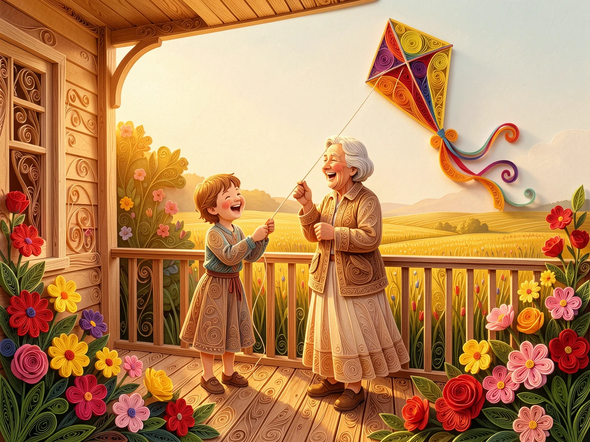 A heartwarming moment of a child and grandparent flying a kite together in a field on a warm sunlit porch surrounded by blooming flowers, bathed in warm golden hour light, captured mid-laugh in a candid, joyful moment.