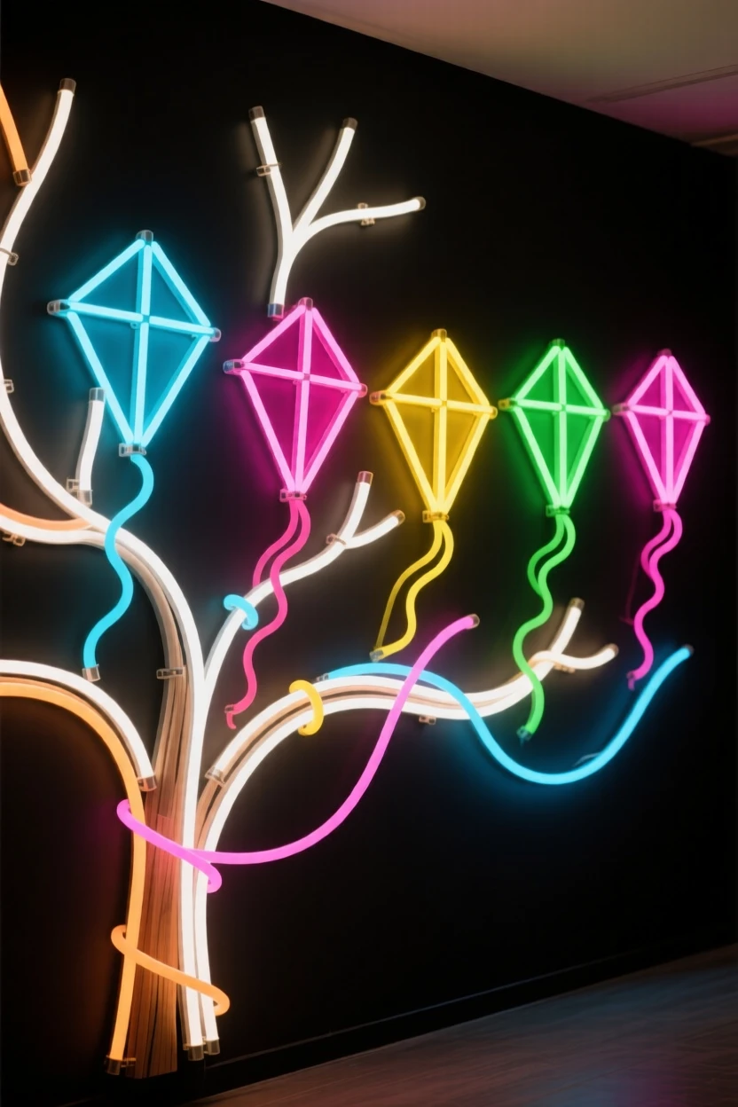 A row of colorful kites tangled gently in the branches of a tree.