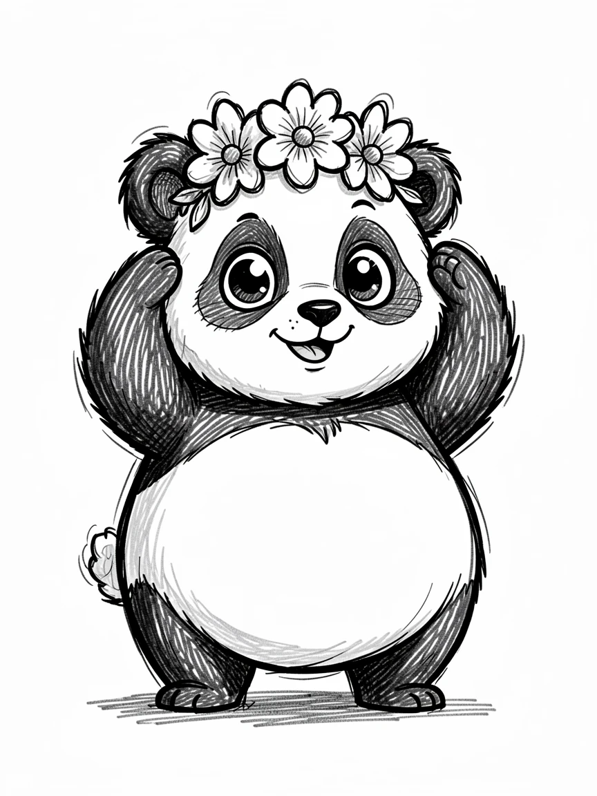 A round-bellied panda cub trying on a flower crown.
