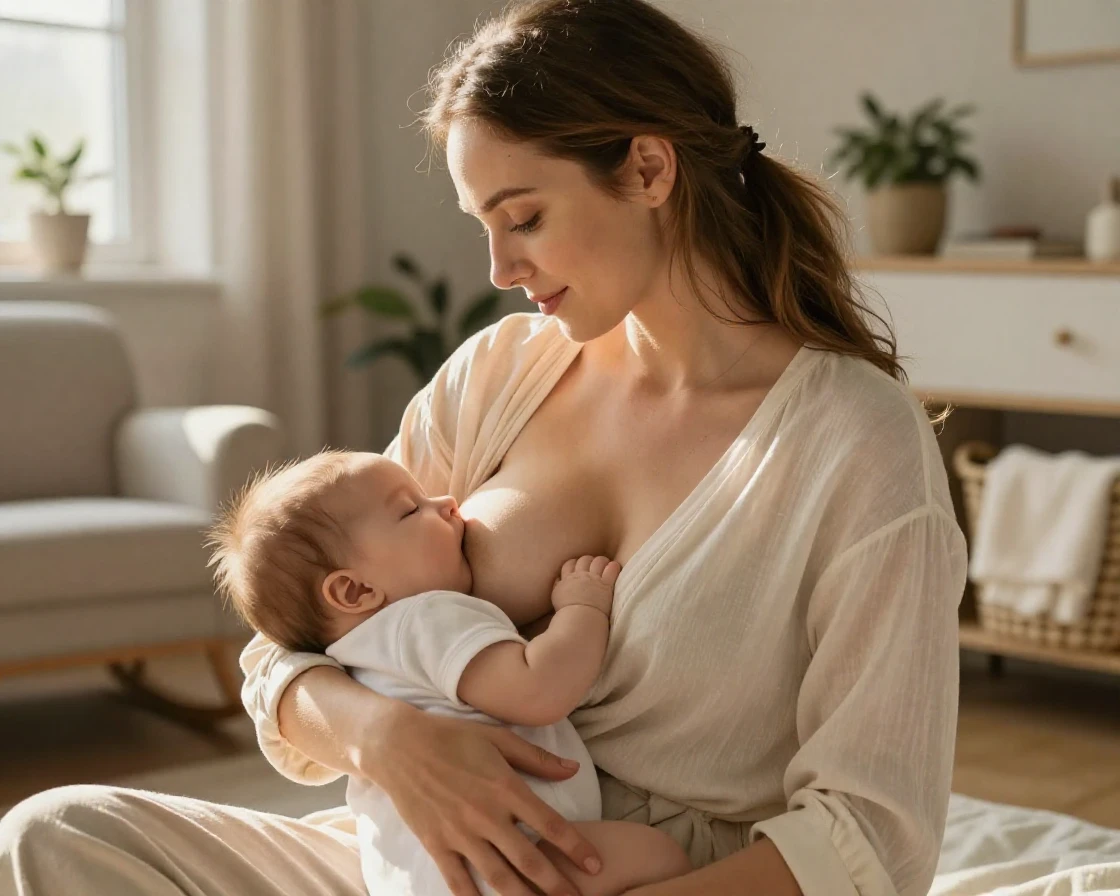 A mother breastfeeding her infant in soft afternoon light