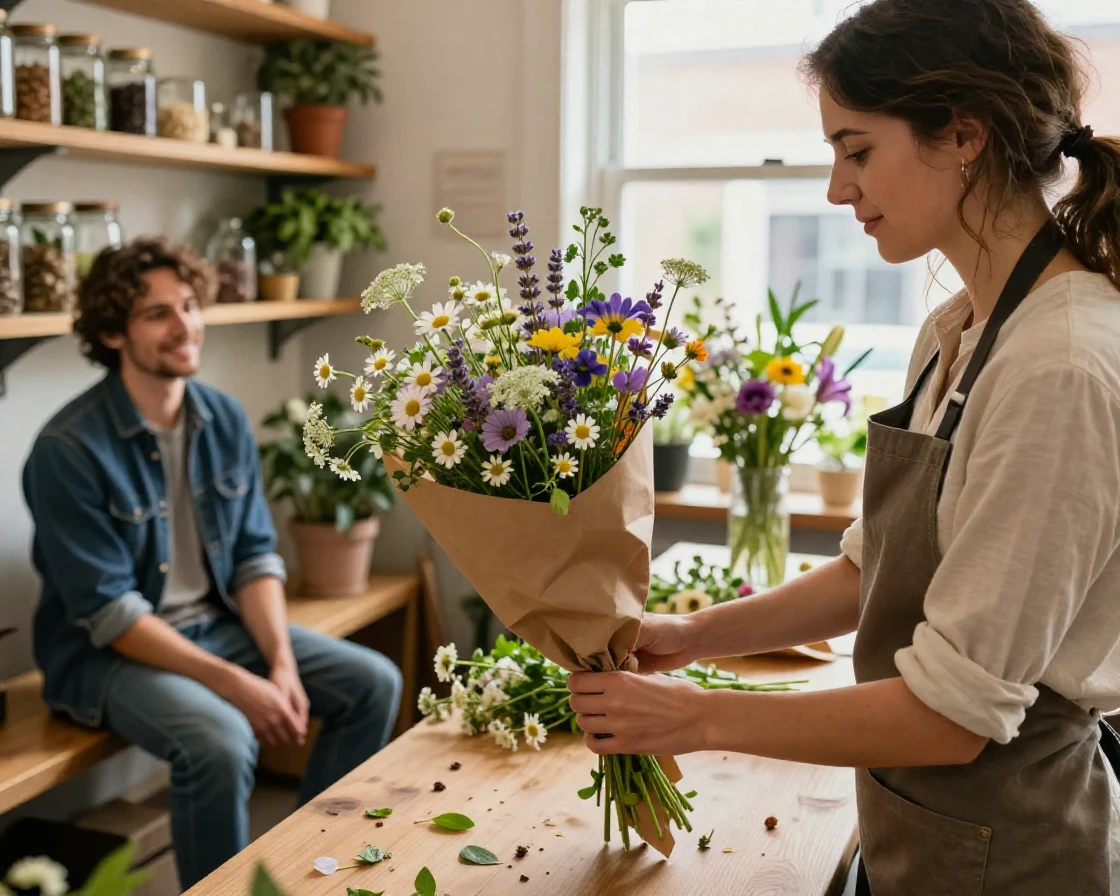 A florist wraps a bouquet of wildflowers in brown paper for a waiting customer.