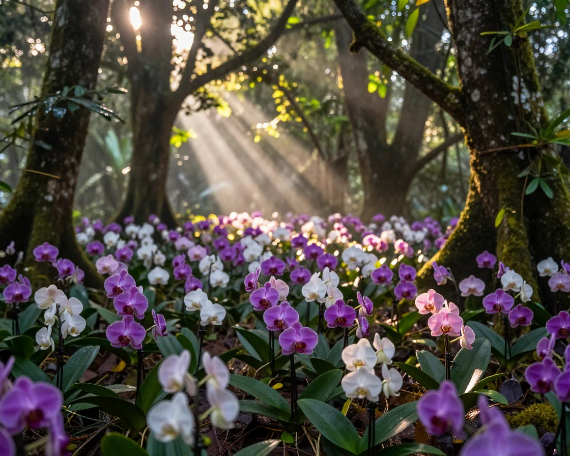 A field of wild orchids blooming beneath the canopy of a rainforest
