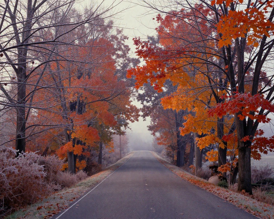 A country road lined with trees ablaze in autumn color, under a pale winter sky, with frost coating every surface, in autumn, in dusty lavender and rose tones, from behind, looking toward the horizon.