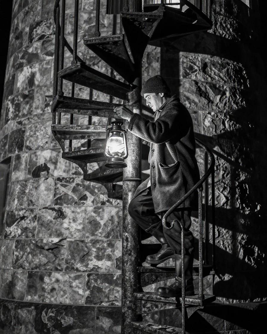 A lighthouse keeper climbs the spiral stairs to check the lamp inside a weathered stone lighthouse.