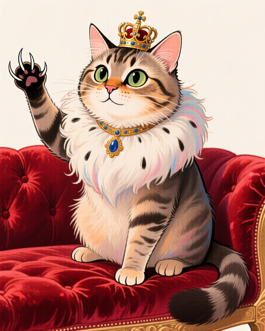 A regal-looking cat perched on a velvet cushion, one paw raised like royalty.