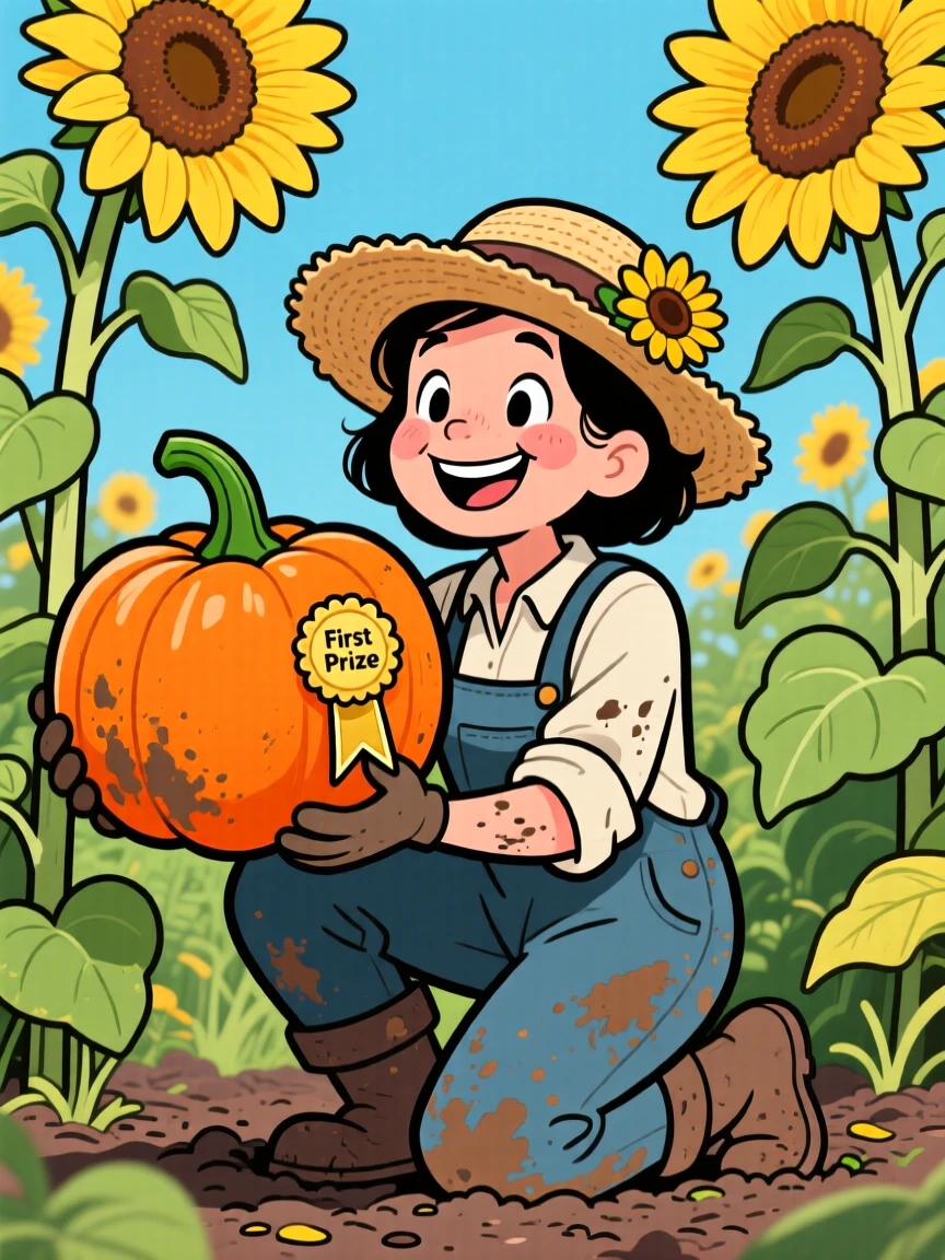 A memorable character portrait of a dedicated gardener kneeling among giant sunflowers, dirt on her cheeks, a proud smile holding up a prize-winning pumpkin.