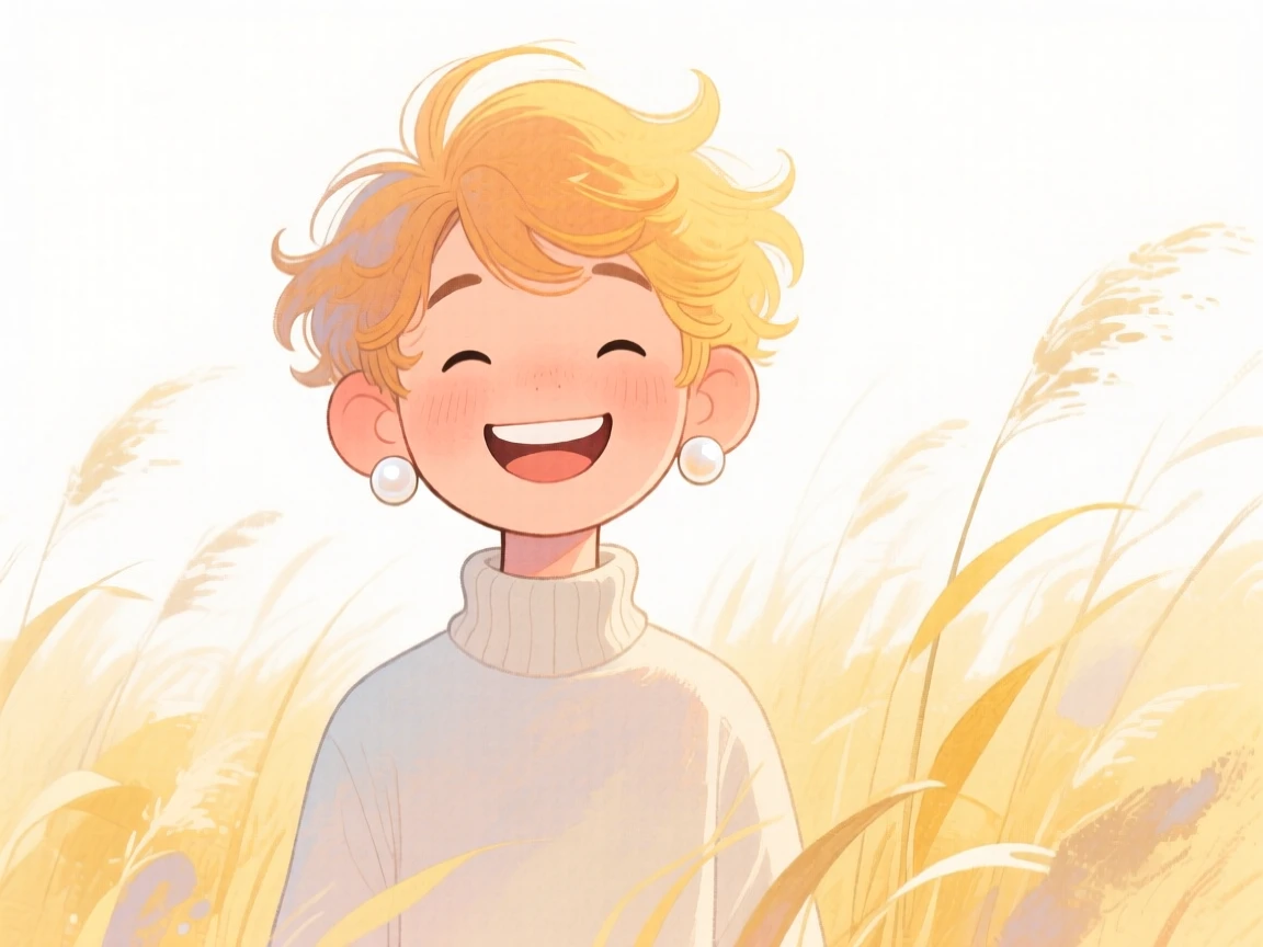 A young man with wild sun-bleached waves, smiling warmly, wearing a soft turtleneck sweater and wearing statement pearl earrings, in a field of tall golden grass