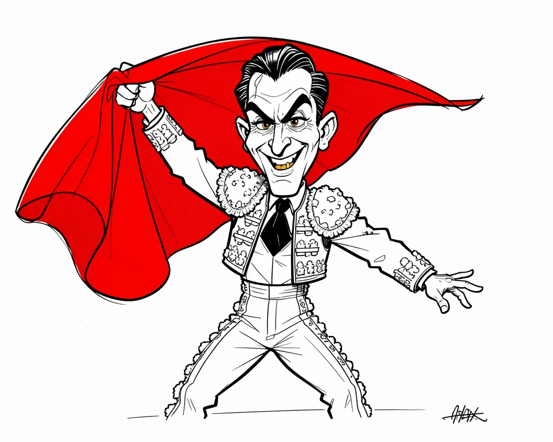 [People Portraits & Characters] Portrait of a bold matador waving a red cape with dramatic flair, full of personality and charm