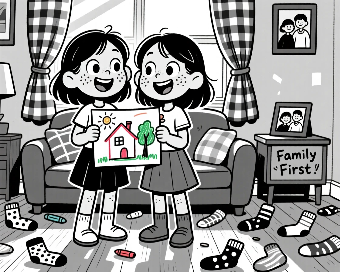 Two sisters with matching freckles, holding up a crayon drawing with pride, set in a cozy living room with mismatched socks scattered on the floor. Sunlight streams through gingham curtains. The scene radiates the warm chaos of everyday family love.