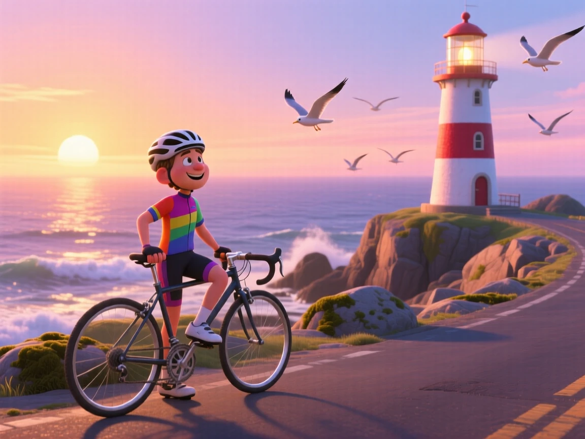 A cyclist pausing on a scenic road stands beside a lighthouse on a rocky coastline, watching the sun rise over the horizon. A sense of wonder and freedom fills the moment, with distant birds gliding on the breeze.
