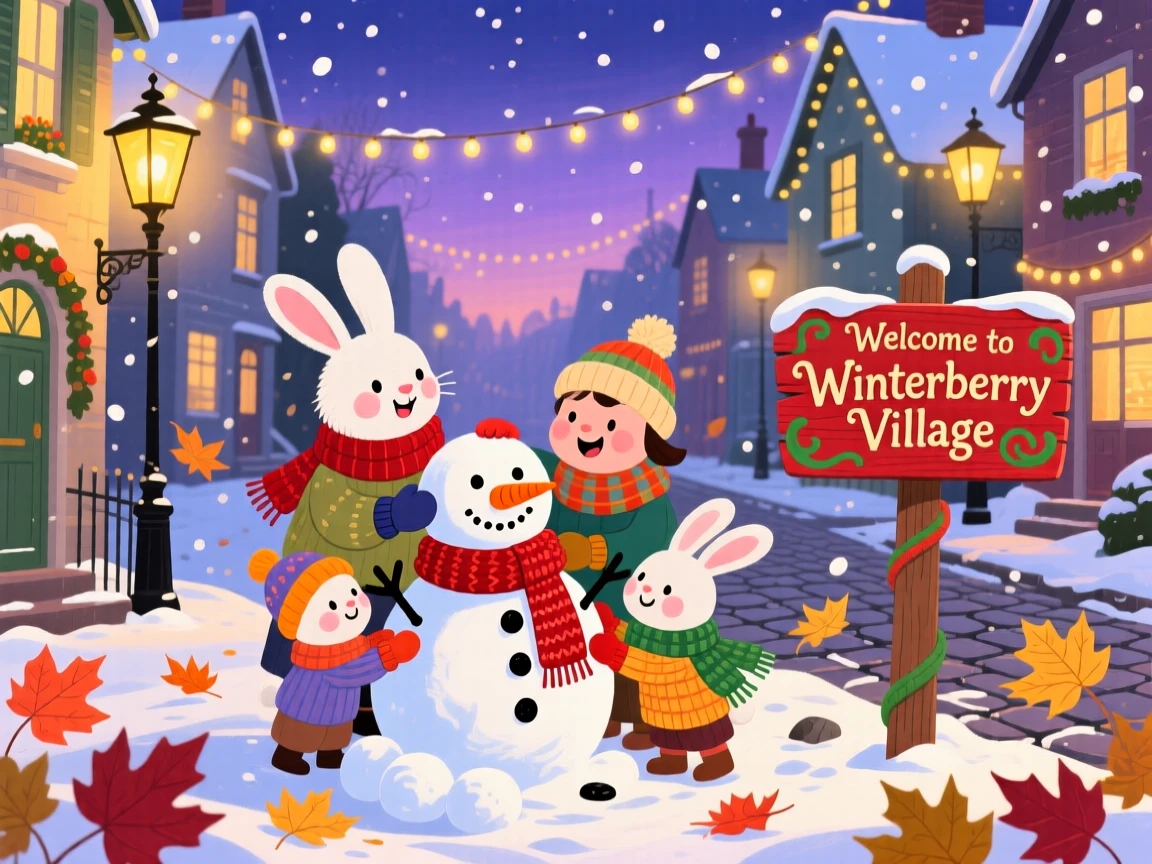 A family of snow rabbits spend the evening building a snowman complete with a carrot nose in a festive village street, as colorful leaves swirl through the air.