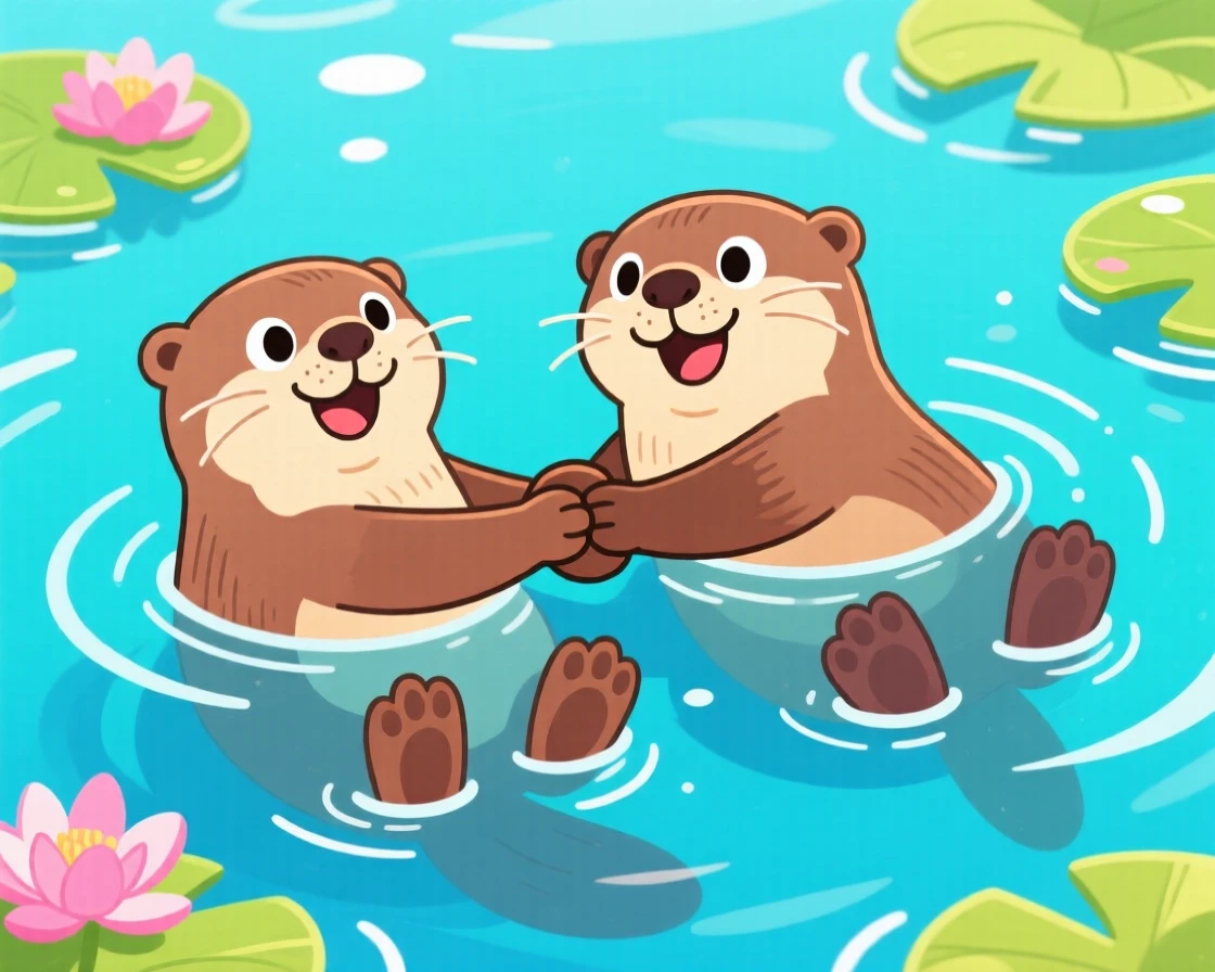 A pair of otters holding hands while floating on their backs.