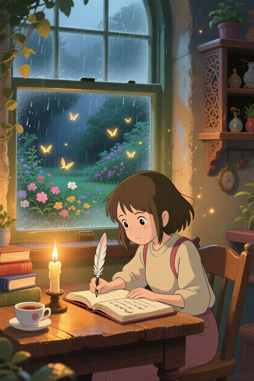 A girl writing in her diary by candlelight, soft rain pattering against the glass outside, the whole scene feeling peaceful and unhurried.