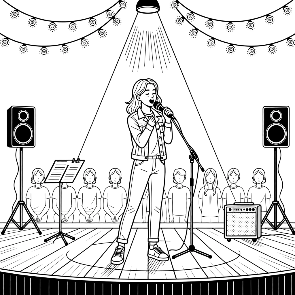 A singer holding a microphone under a single stage spotlight, with string lights strung across the ceiling.