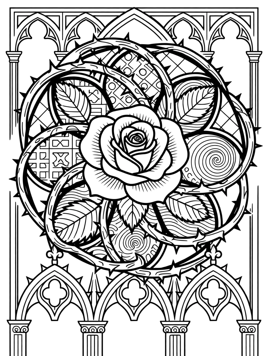 A rose window of climbing thorns encircling a single perfect bloom.