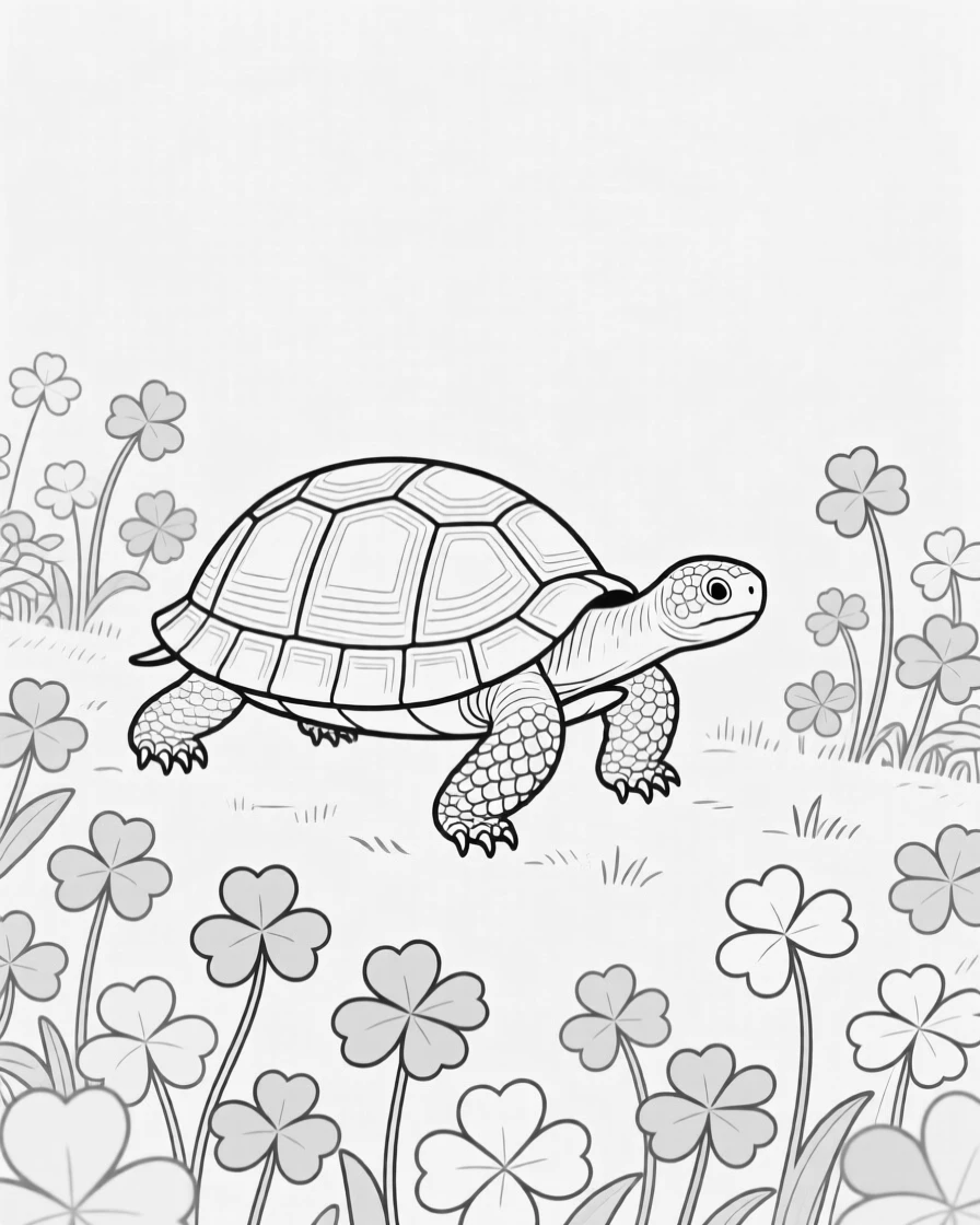 A tortoise slowly making its way through a garden of clover