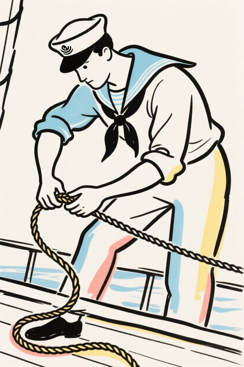 A sailor tying a rope on deck