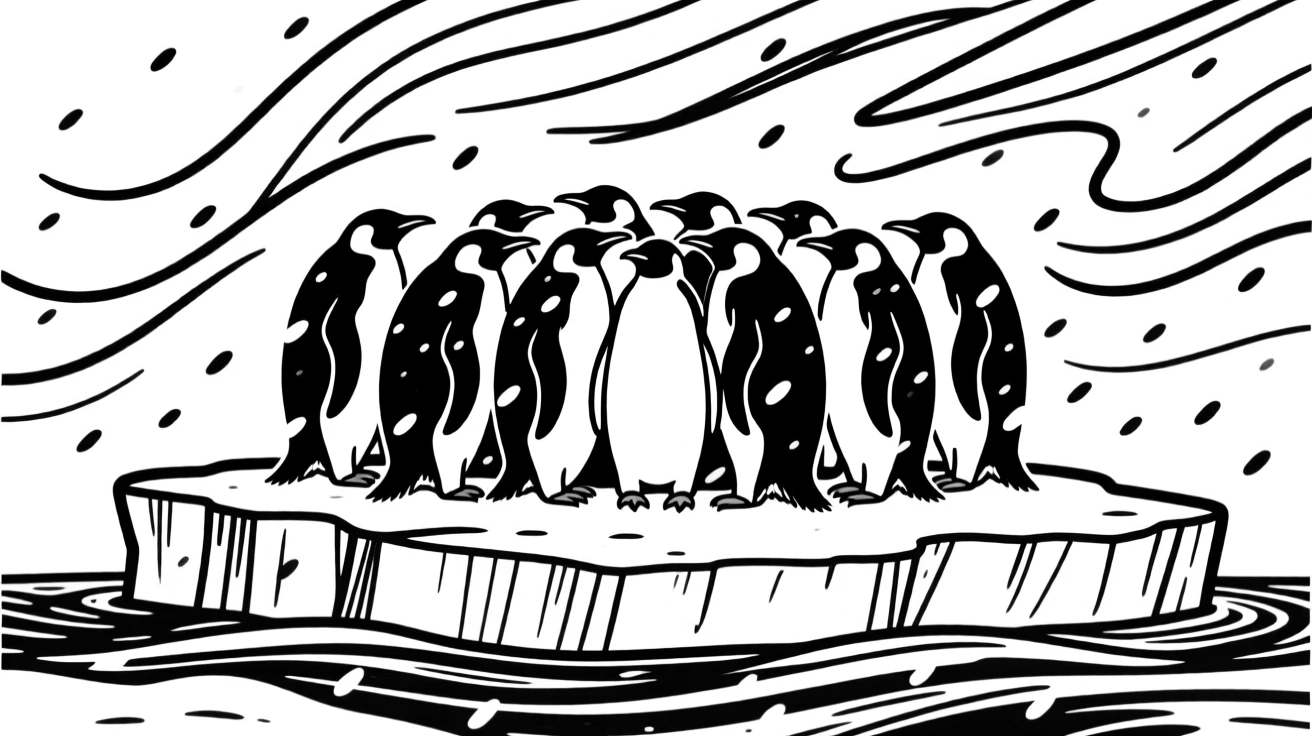 A colony of penguins huddled together on an ice shelf during a snowstorm.