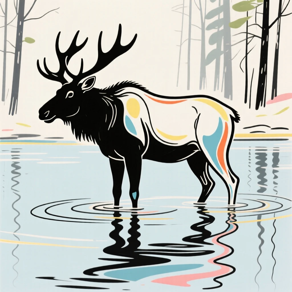 A moose standing knee-deep in a still forest lake.