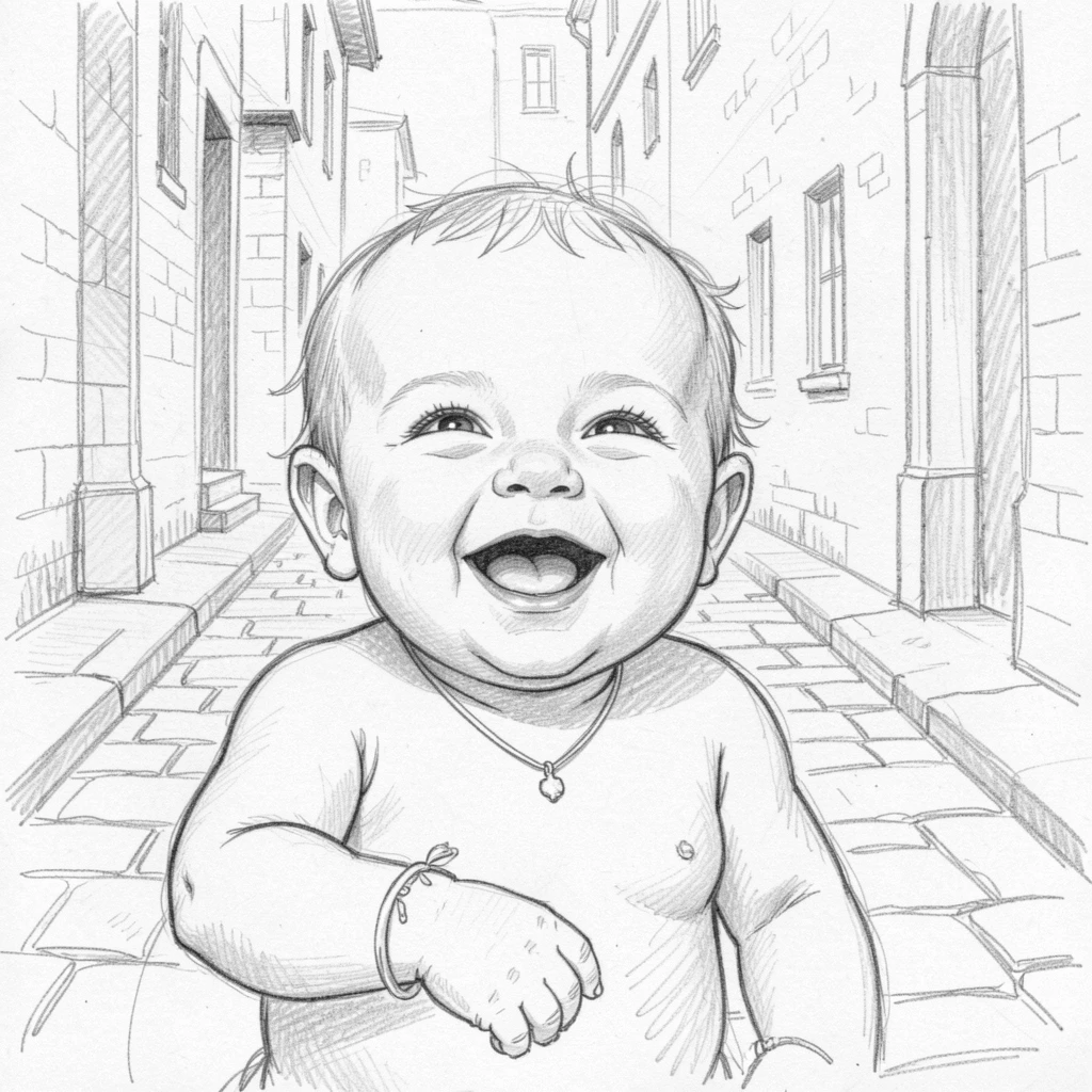 A tender portrait of a laughing newborn baby, adorned with delicate jewelry, in a quiet cobblestone alley.