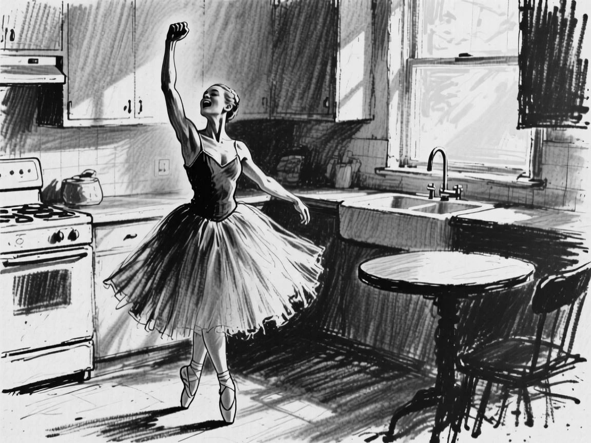 A ballet dancer celebrating a small victory with a raised fist, in a sunlit kitchen.