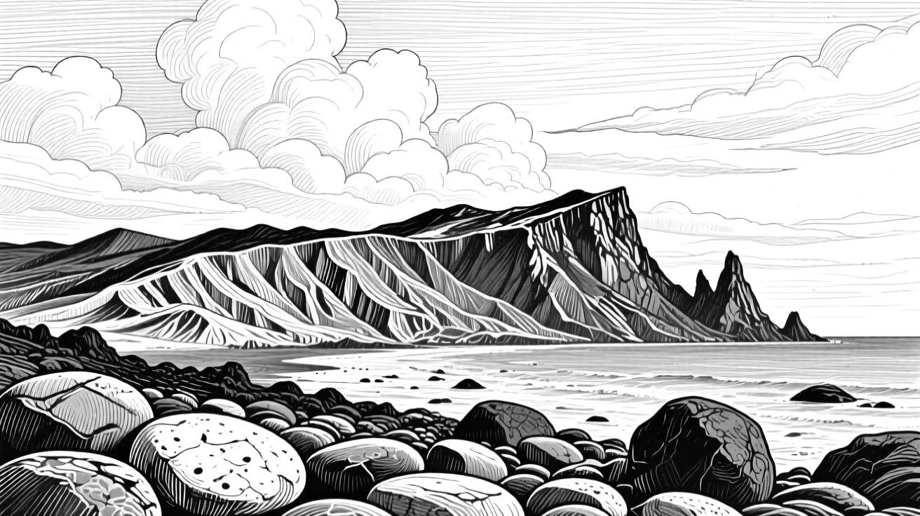 A volcanic ridge beneath a sky filled with drifting clouds, with smooth stones worn by centuries of tide, evoking an awe-inspiring in its scale atmosphere in a wide, balanced composition.