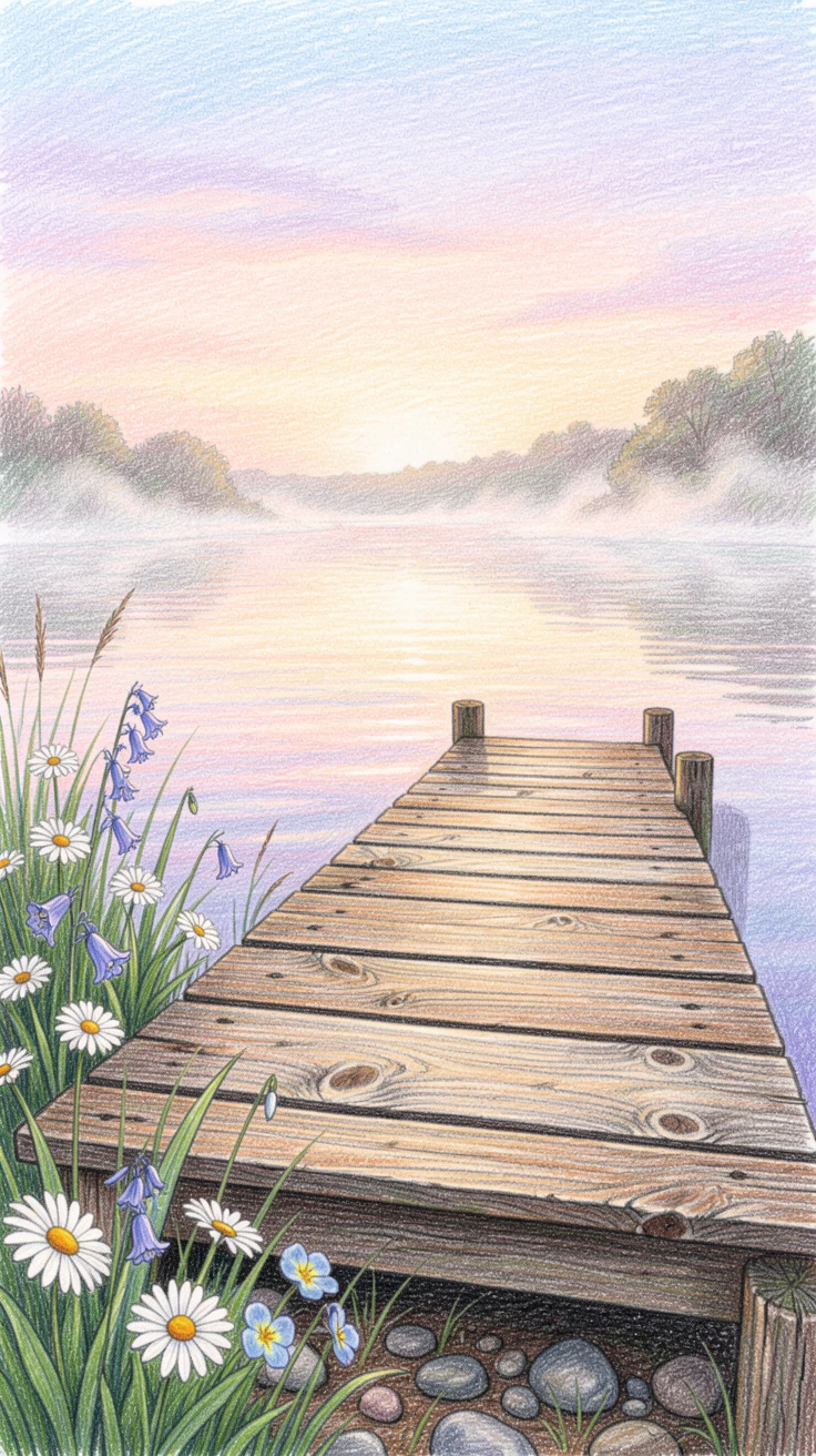 A peaceful riverside dock at sunrise with mist rising off the water, surrounded by wildflowers swaying gently in the wind, evoking a deep sense of peace and quiet wonder.
