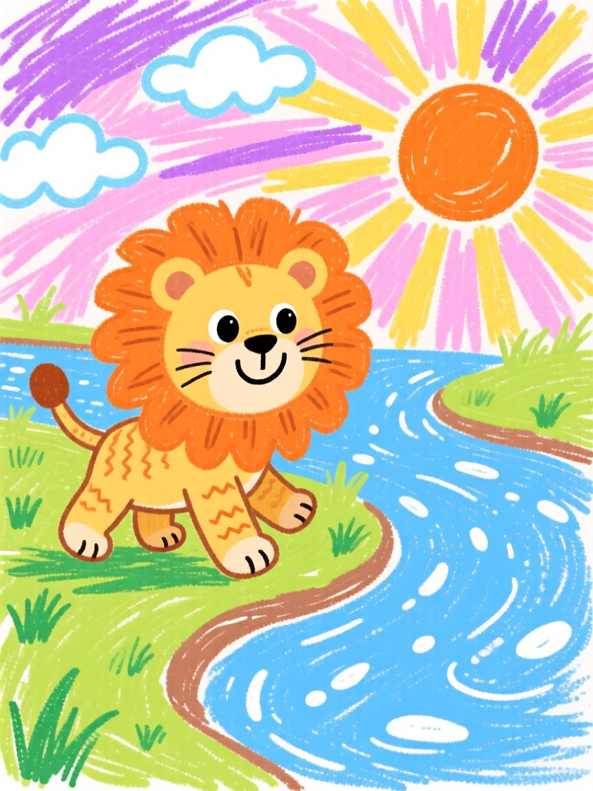 A fuzzy lion cub waddling along a riverbank at sunrise.