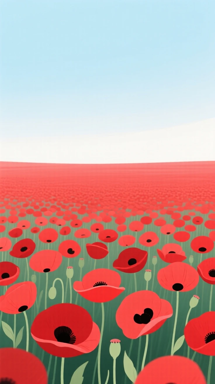 A vast field of red poppies stretching to the horizon under a wide open sky.