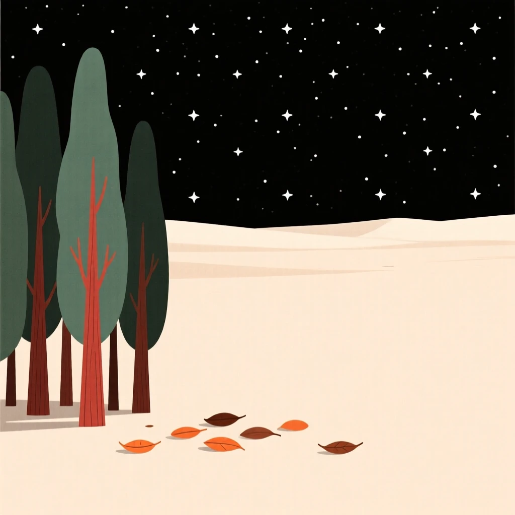 A redwood forest, standing at the edge of a starlit desert, with a scattering of fallen leaves nearby, evokes serene isolation.
