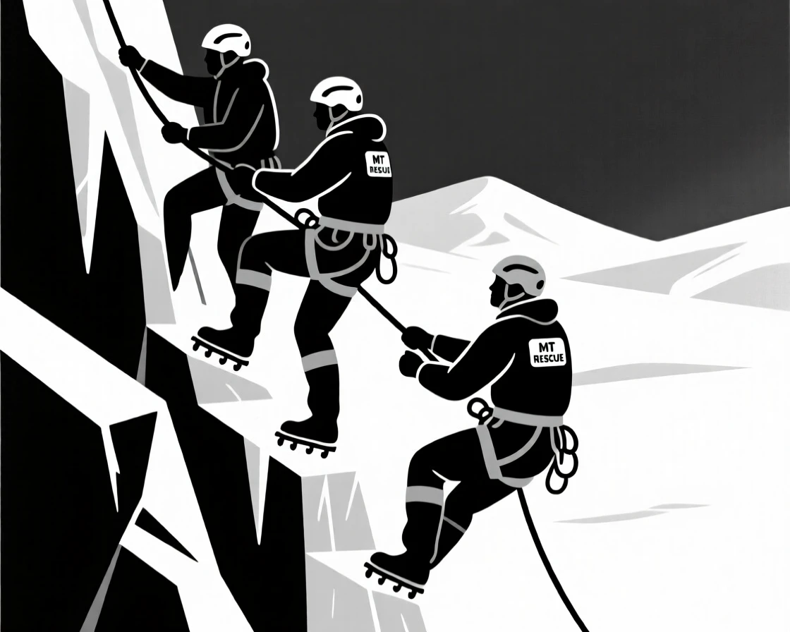A mountain rescue team scaling an icy cliff face.