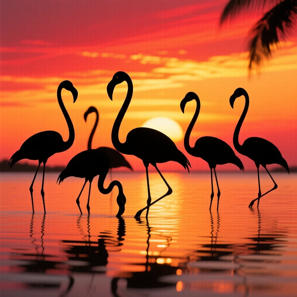 A flock of flamingos standing in shallow water, necks curved down to feed.