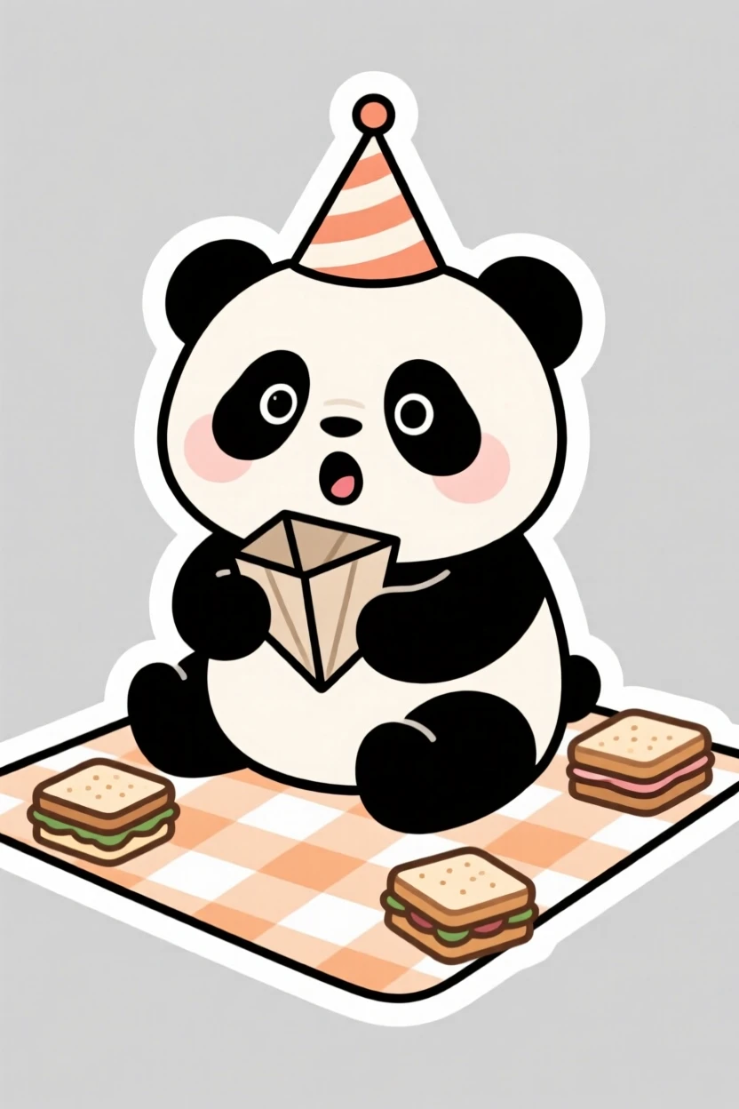 A surprised round-bellied panda cub holding a paper party hat, on a picnic blanket with tiny sandwiches nearby.