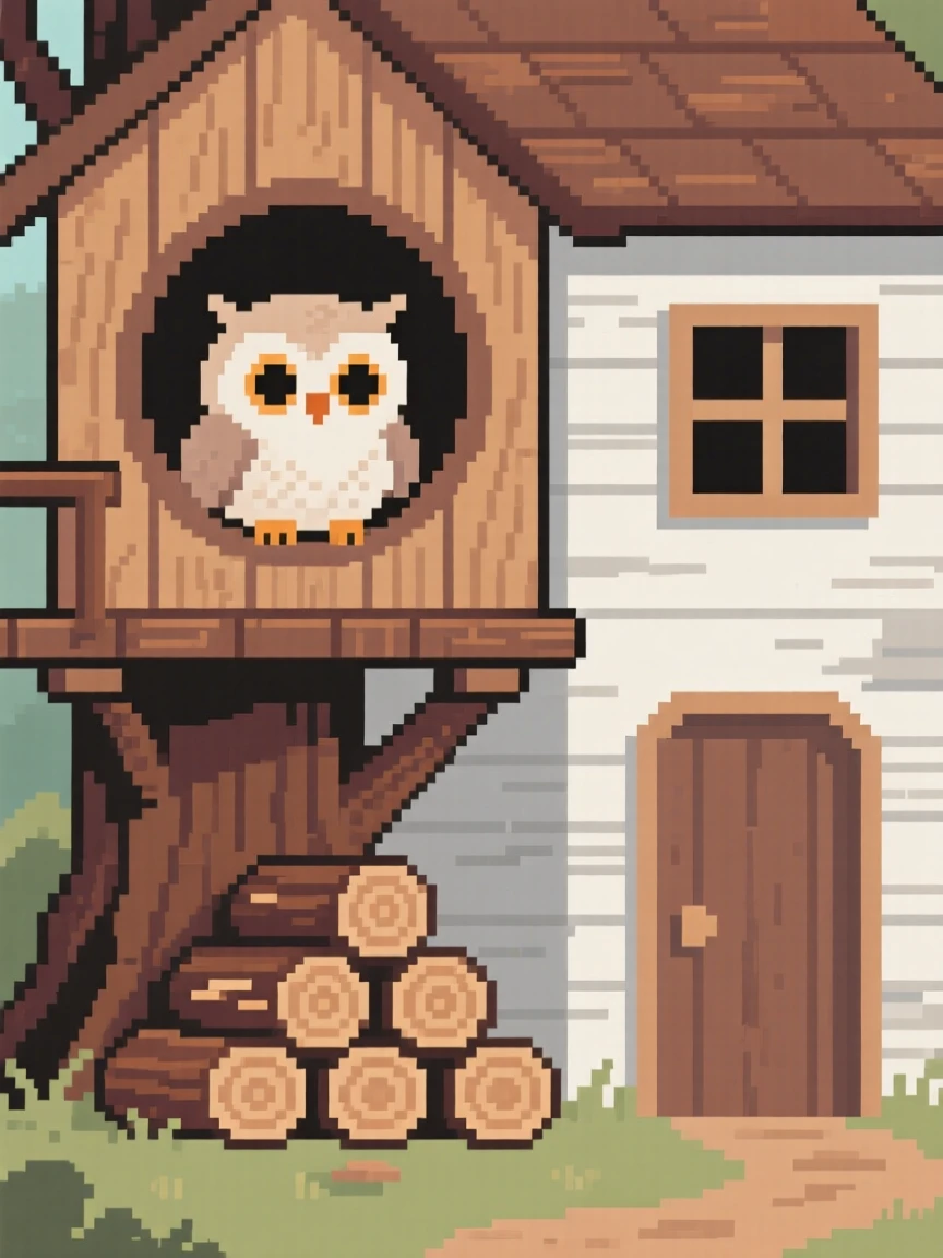 A fluffy owl chick peeking through a round window of a treehouse, beside a stack of firewood near a cabin.
