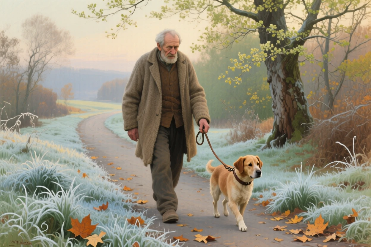 An intimate close-up of an old man walking his dog along a quiet autumn lane, in late spring, beneath fresh fallen frost.