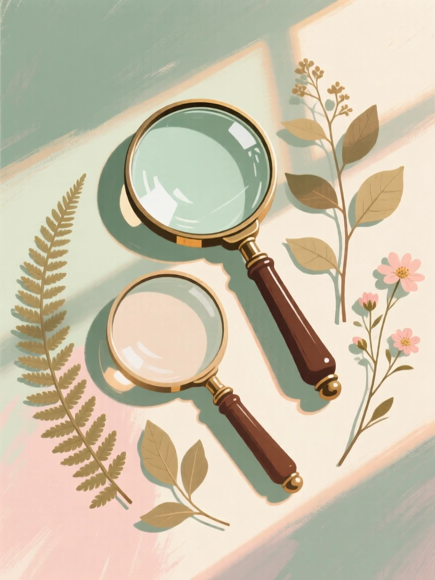 A collection of antique magnifying glasses beside pressed specimens