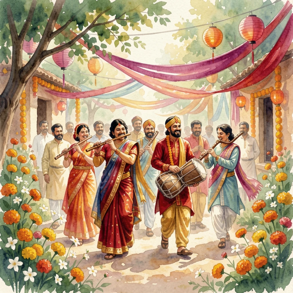 A traditional wedding procession with musicians and flowers surrounded by vibrant traditional decorations.