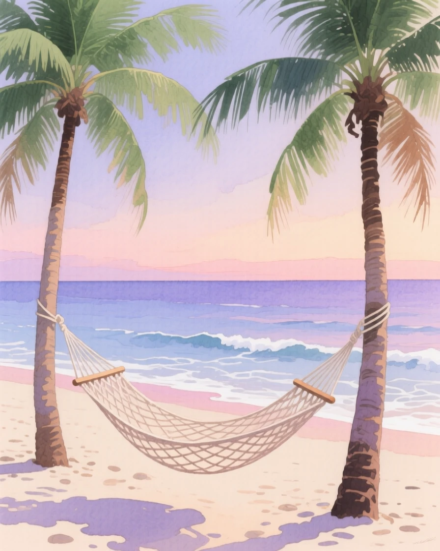 A hammock strung between two palm trees sways gently on a quiet beach as waves roll in at dusk