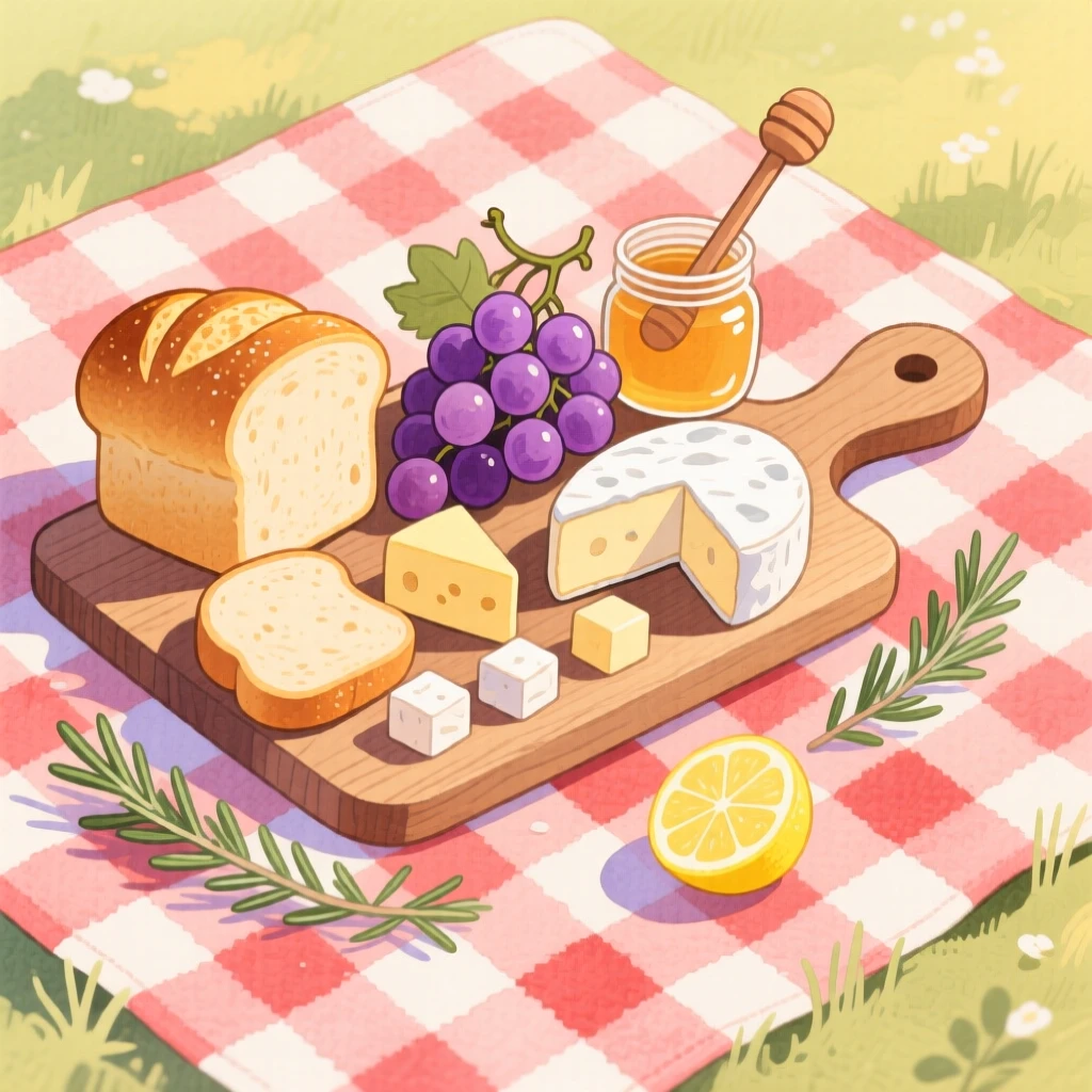 A picnic spread of fresh bread, cheese, and grapes on a checkered blanket, radiating delicious coziness.