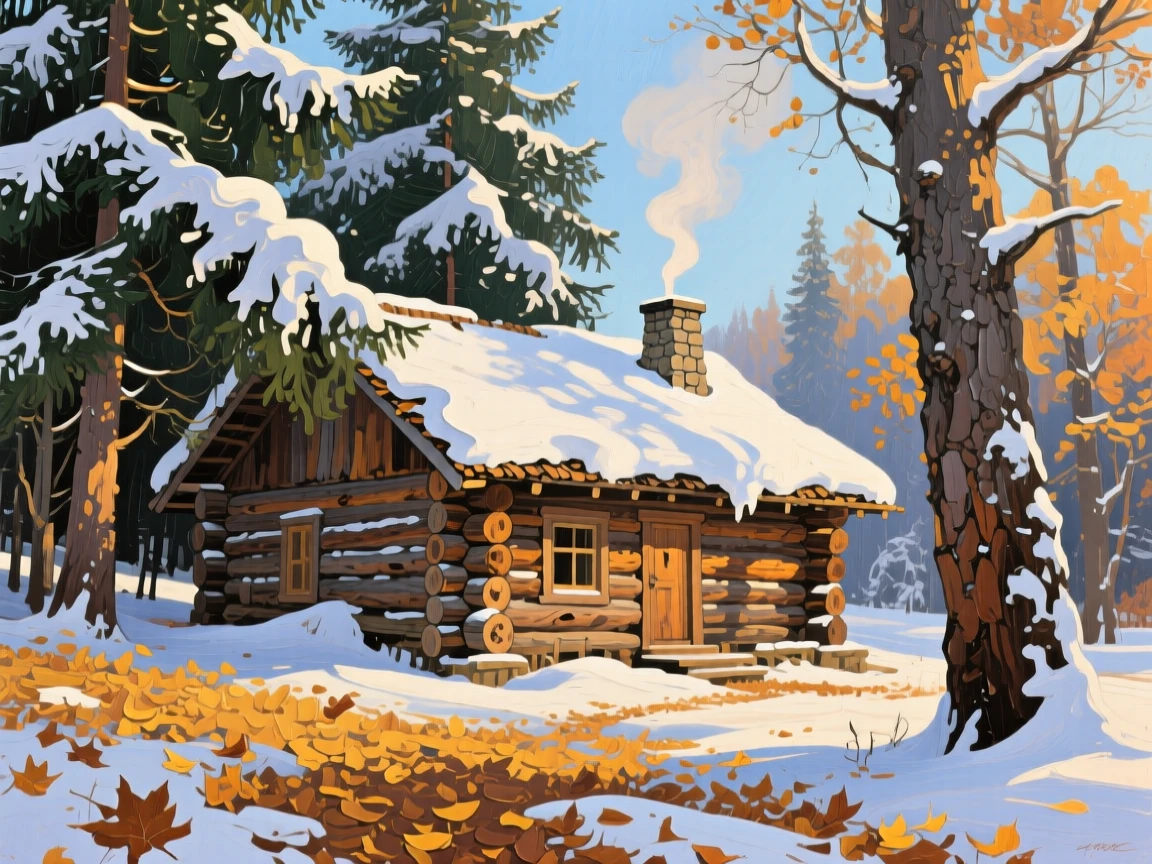 a wooden cabin beneath snow-laden pines, on a clear autumn morning, from an inviting eye-level viewpoint.