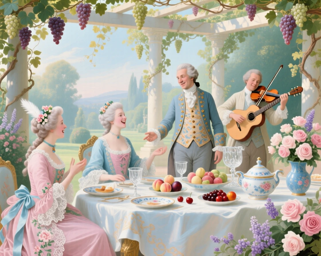 A festive supper beneath a vine-covered pergola, with musicians playing nearby  