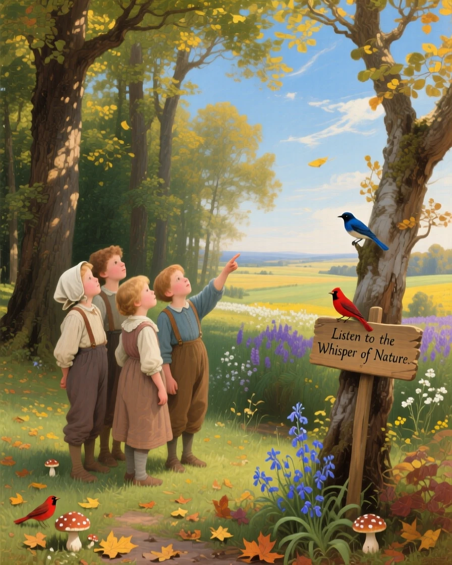 A group of children listens to birdsong in a forest edge overlooking open fields as sunlight filters through the leaves.