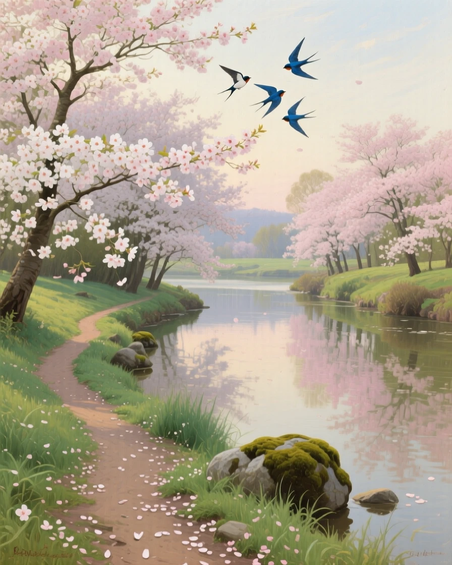A cherry blossom grove in full bloom along a quiet riverside path, as birds circle gracefully overhead, offering a moment of stillness amid overwhelming natural beauty