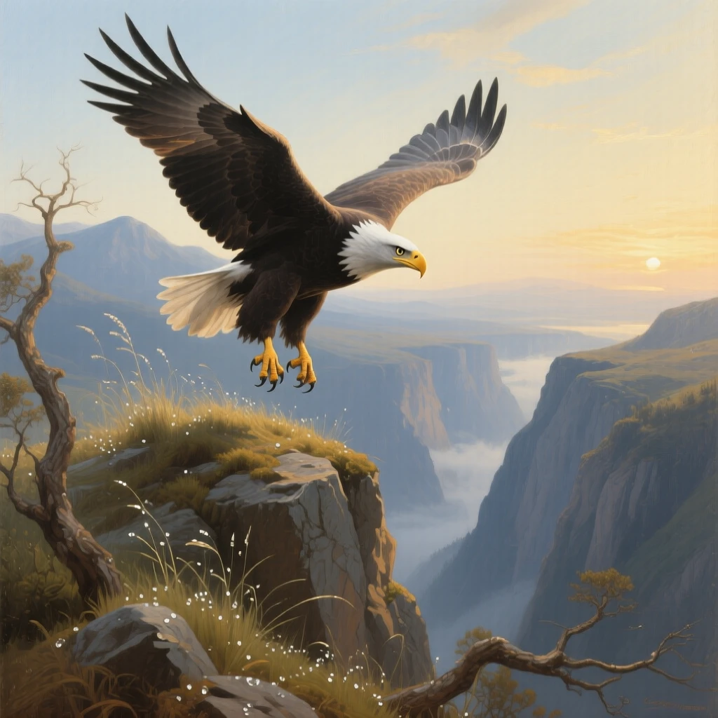 An eagle soaring high above a dramatic mountain gorge captured in a moment of wild grace and quiet power, set atop a windswept ridge overlooking a vast, open landscape, with dew-covered grass, drifting mist, and soft golden light; strong natural framing from branches or rock formations draws the eye inward, evoking wonder, majesty, and reverence for the natural world.