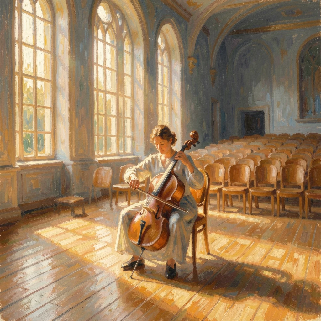 A cellist practicing alone in an empty concert hall, sunlight streaming through tall arched windows.