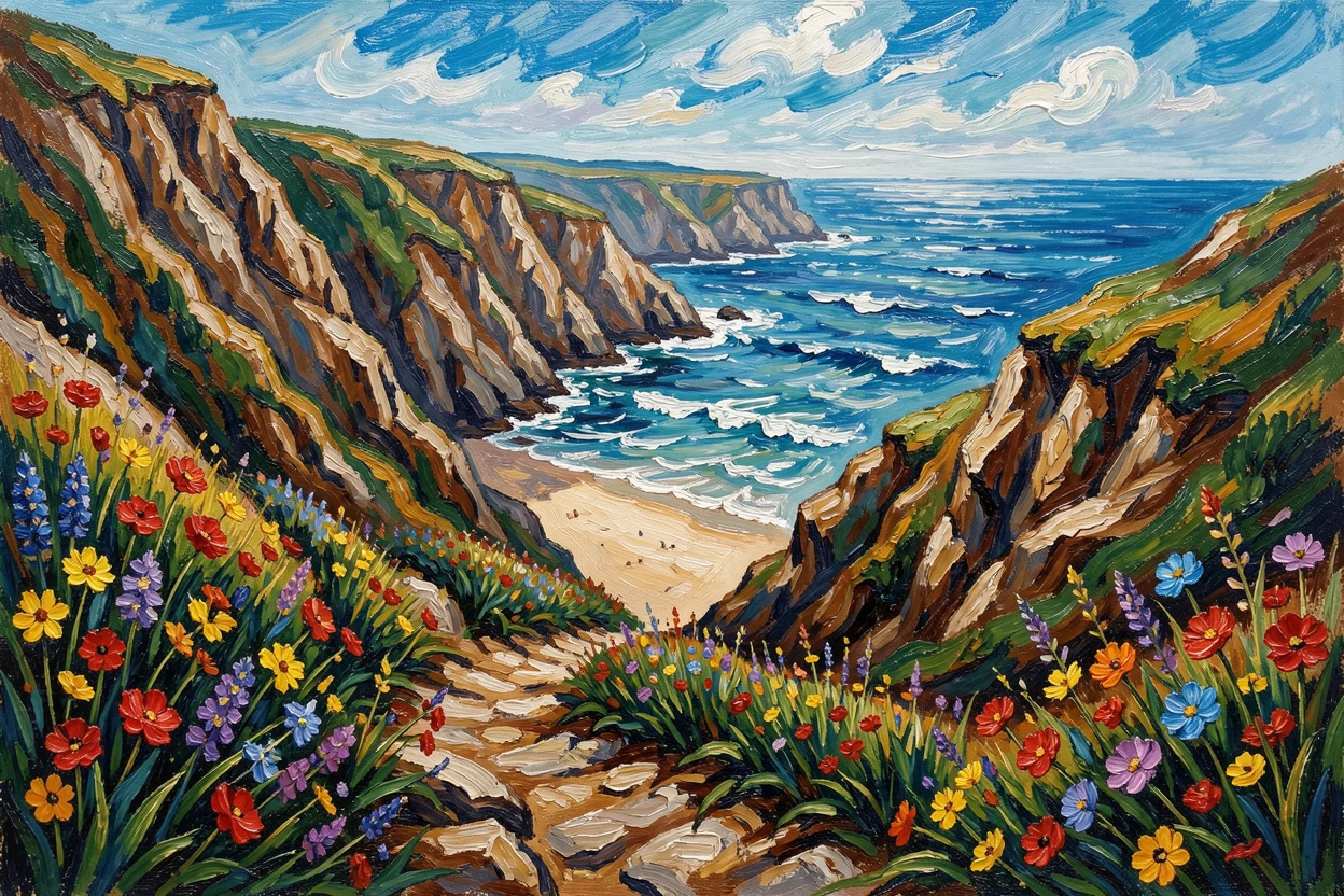 A steep coastal path leading down to a hidden beach, wildflowers growing along the cliffside.