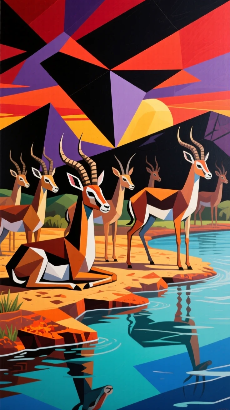 A striking view of a gazelle herd resting on a sunlit riverbank beneath a dramatic sky.
