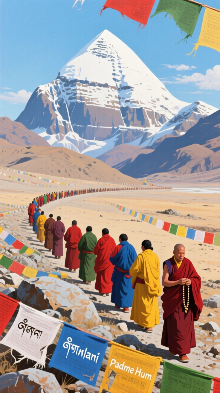 Mount Kailash rises in perfect pyramidal symmetry above a barren Tibetan plateau, pilgrims in colorful robes performing a circuit around its base, prayer flags fluttering against the pale blue sky.